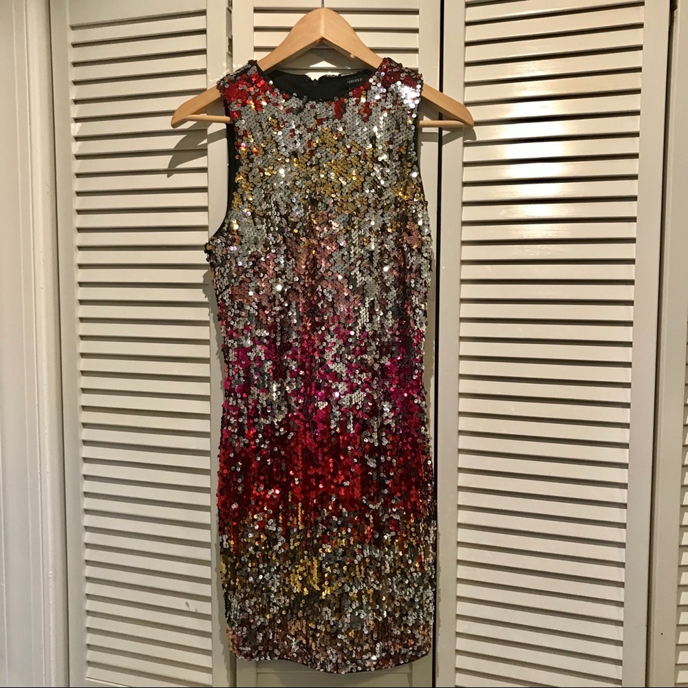 Forever 21 Red Orange Silver Sequins Dress
